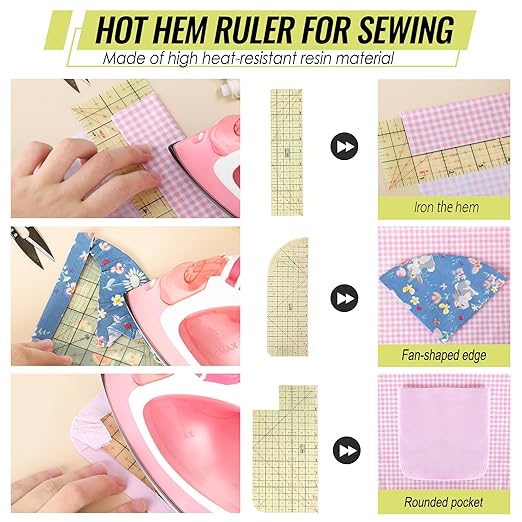 3 Pieces Hot Hem Ruler for Sewing Ruler Heat Resistant Ruler for Quilting and Sewing Tool Thin Pattern Making Clean Measuring Non-Slip Pressing Tool