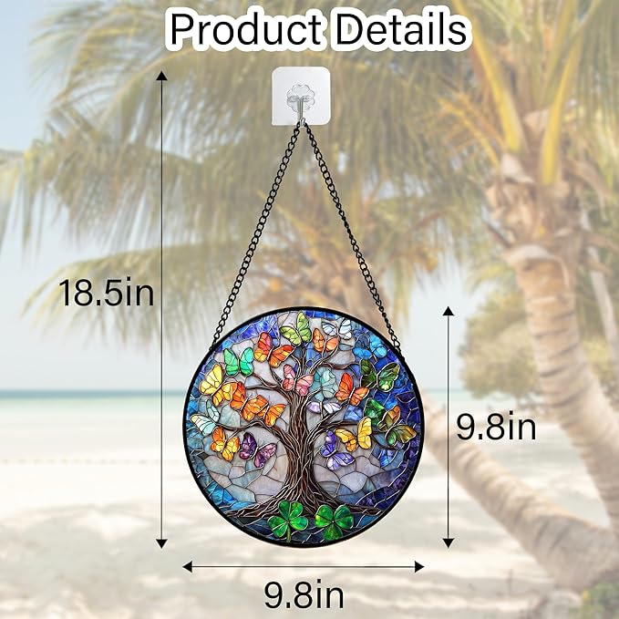 Stained Glass Window Hanging, Butterfly Tree Clover Sun Catchers Glass Panel Blue Suncatcher Decor for Birthday for Women, Men, Wife, Aunt, and Mom 9.8 in
