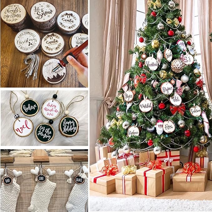 SENMUT Wood Slices 30 Pcs 3.1-3.6inch Natural Rounds Unfinished Wooden Circles Christmas Ornaments for Crafts Wood Kit Predrilled with Hole Wood Coasters, Craft Supplies for DIY and Painting