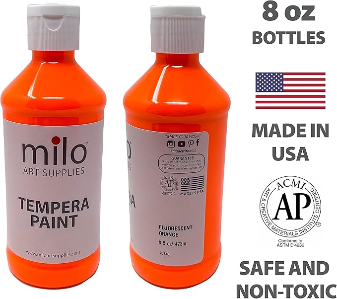 milo Fluorescent Neon Washable Paint | 8 oz Bottles 8 Colors | Made in the USA | Glows UV in Black Light | Safe & Non-Toxic Tempera Paint for Art & Craft, Poster, Window, Classroom, School