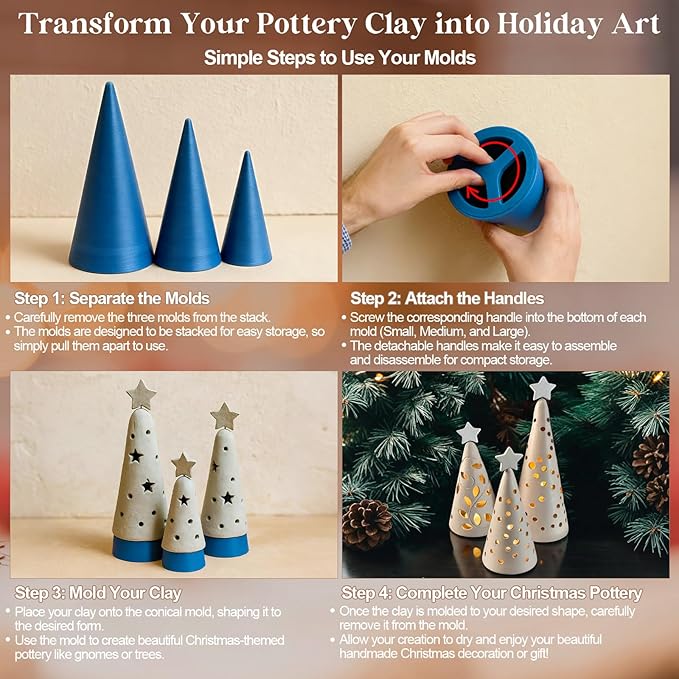 Gersoniel 3 Size Exclusive Cone Pottery Molds for DIY Christmas Tree, 9.45'' x 4.92'', 8.27'' x 4.13'', 7.28'' x 3.54'' Removable Handle & Non-Warping Plastic, Shaping Tool for Art Making