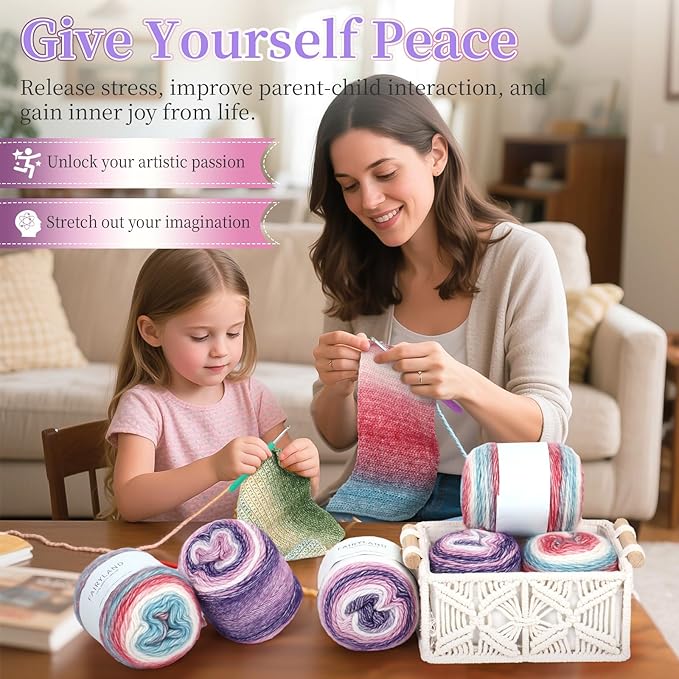 Aeelike Gradient Yarn for Crocheting, 3 Skeins Cake Yarns 100g (3.52 oz) 245m (267 Yards) # 3 Light Weight - Super Soft Ombré Fairyland Yarns for Making Colorful Crafts, Purple Gradient