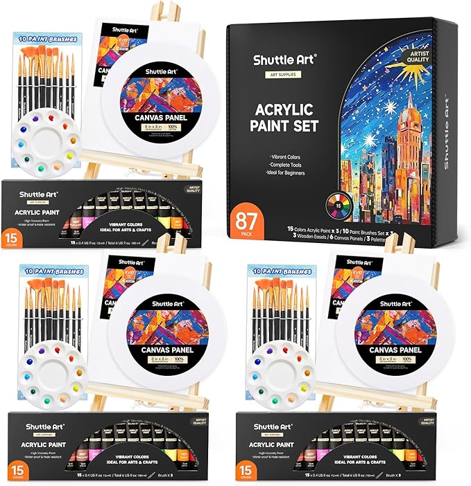 Shuttle Art 87 Pack Acrylic Paint Set, Painting Kit with 3 Pack of 15 Colors Acrylic Paint, 3 Sets of Wooden Easels, Canvas, Brushes & Palettes, Art Painting Supplies Kit for Adults Kids Beginner