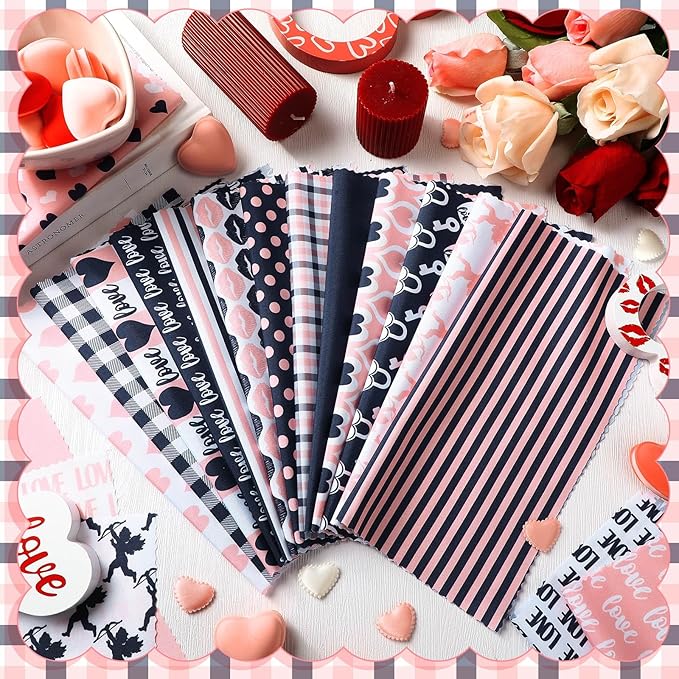 20 Pcs 10''x10'' Valentines Pink Quilting Fabric Square Bundle Love Heart Precuts Quiltted Fabric Plaid Polka Dot Printed Patchwork Supplies for DIY Material Sewing Craft Strips