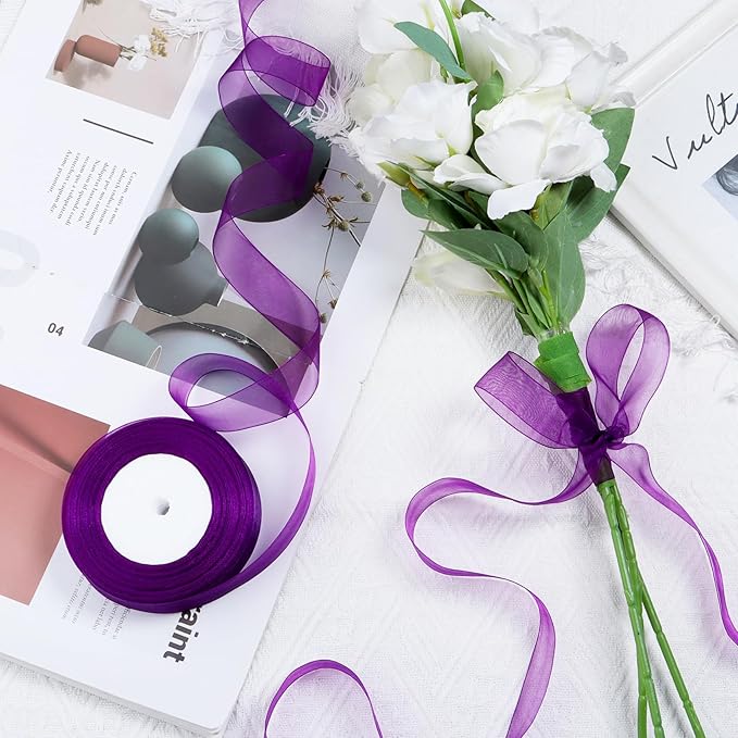 Purple Ribbon for Gift Wrapping 1 inch Sheer Organza Ribbon for Flower Bouquet Tulle Thin Chiffon Ribbons for Wedding Invitations Presents Decorations Crafts 50 Yards