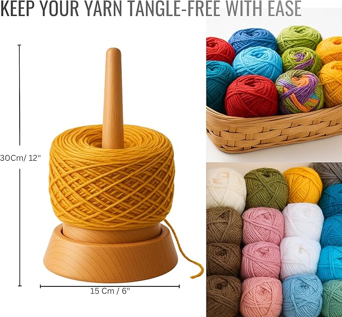 Kraftica Beech Wood Yarn Holder, Tangle-Free Yarn Spinner for Knitting & Crochet with Smooth-Rotation Bearing, Heavy Base, Two Spindles & Anti-Slip Rubber Feet, 22 lb Capacity for Chunky Yarn.