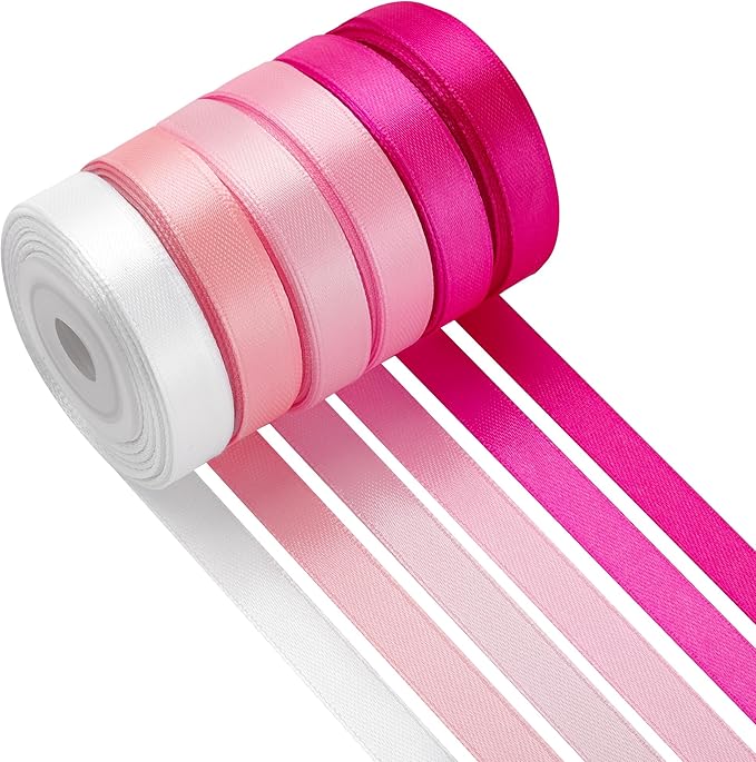 LIUYAXI Pink Satin Ribbon 3/8 Inch X 6 Rolls Total 60 Yards Double Faced Pink Ribbon Set for Gift Wrapping Craft Wedding Decoration
