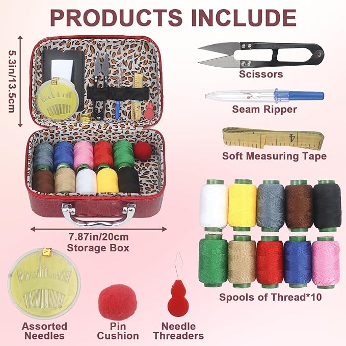 40Pcs Steel Needles for Hand Sewing, Big Eye Steel Sewing Needles Kit with Case, Portable DIY Craft Kits for Adults, Beginner, Emergency,Home,Travel (Red)