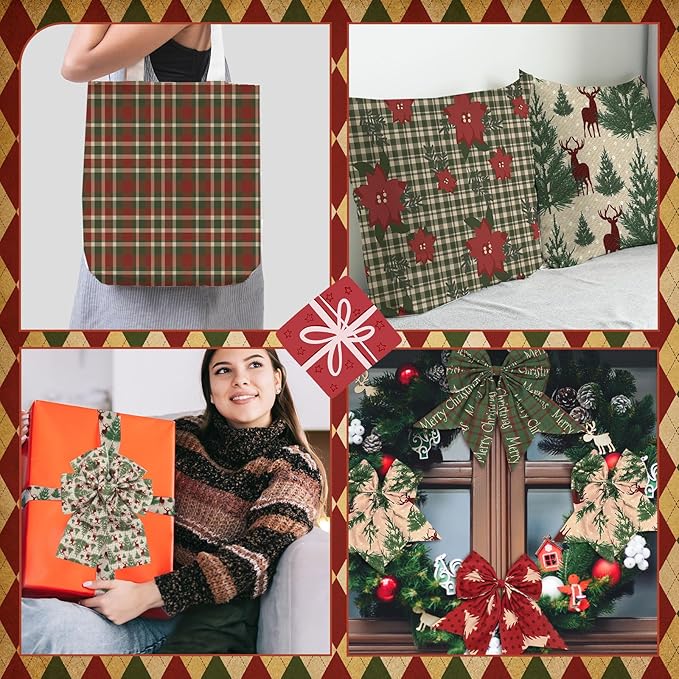 Hahafelt 10 Pcs Christmas Woodland Quilting Fabric 18 x 22 Inch Vintage Christmas Fabric Bundles Homespun Rustic Precut Reindeer Poinsettia Plaid Snowflake Fat Squares for Xmas Winter Craft Sewing DIY