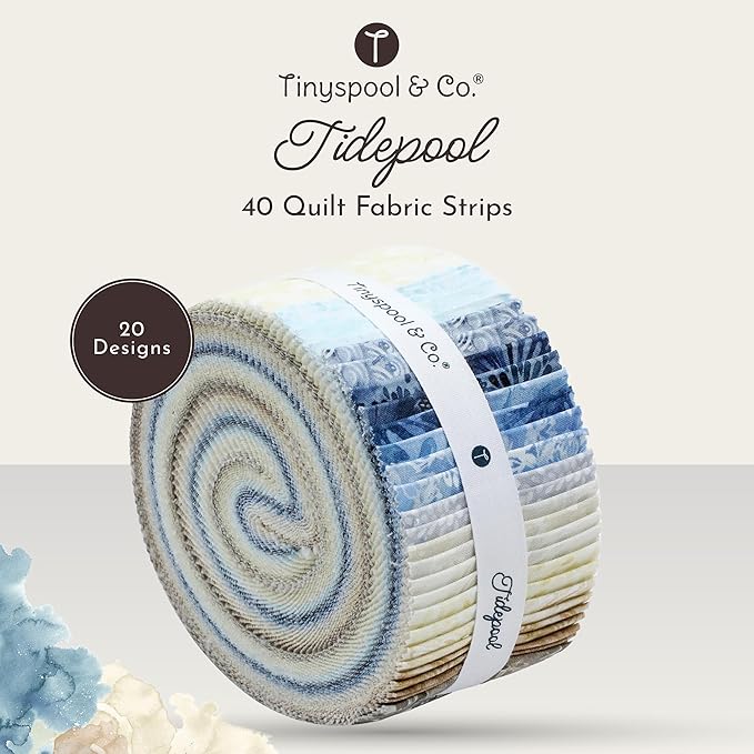 Tinyspool & Co. Jelly Roll Fabric Strips for Quilting, Crafting, and Sewing, 40 Strip Assorted Bundle, Soft Cotton for Blanket, Rug, Upholstery, Home Decor, and Purse Making, Tidepool