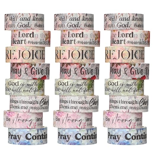 Janlaugh 24 Rolls Christian Washi Tape Gifts Bulk Religious Inspirational Scripture Supplies Cross Bible Verse Washi Tape for Bible Journaling Study Crafting New Year DIY Gifts