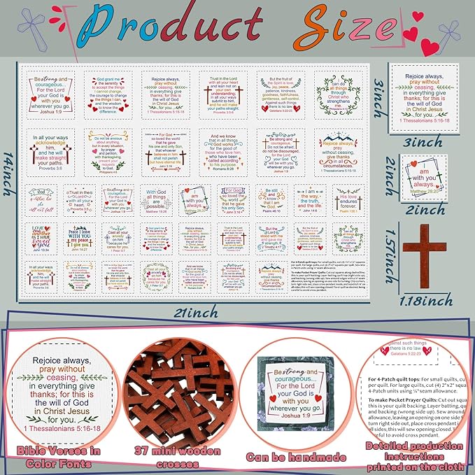 Pocket Prayer Quilt Panel Squares with Small Wooden Crosses Mini Scripture Pocket Prayer Quilt for Friend Family Religious Spiritual Gift Easter Reward Gift(Classic,Brown)