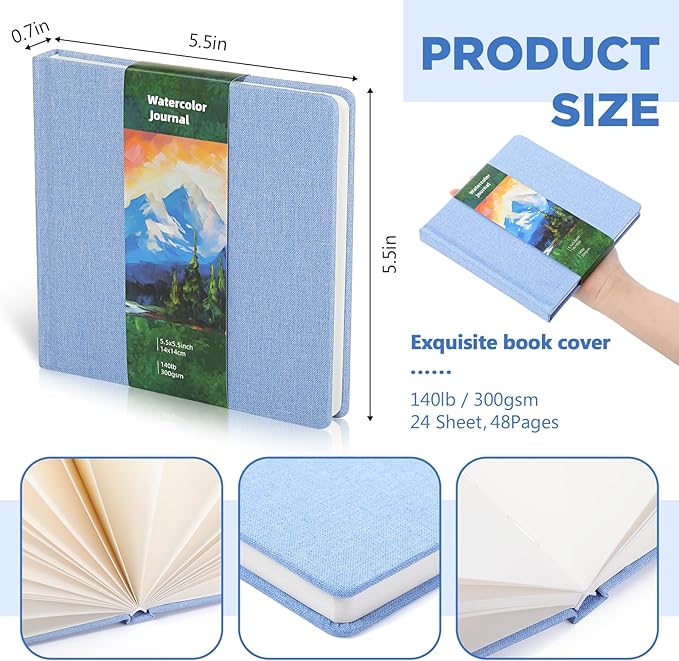 Dispowreath 5.5 x 5.5 in Watercolor Sketchbook Journal Square Watercolor Notebook Cold Press 140lb 300gsm Cotton Paper 48 Pages Journals Notebook Paper Pads(Light Blue)