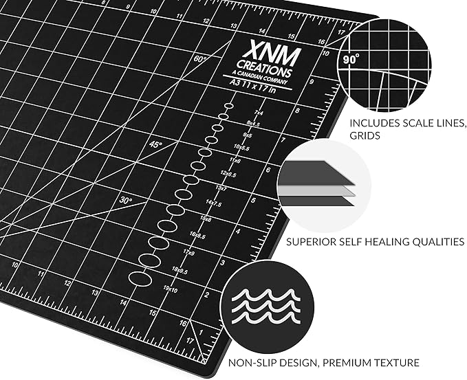 XNM Premium Self Healing Cutting Mat - 12 Inches by 18 inches - A3, 3 Layer Quality PVC Construction - Dual Sided, Imperial and Metric Grid Lines - Perfect for Cutting, Sewing, and Crafts