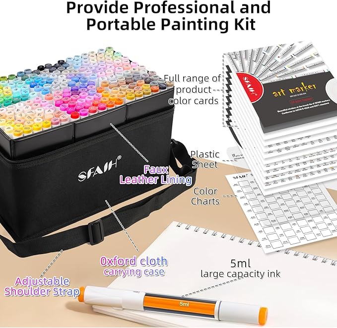 SFAIH Alcohol Markers Brush & Fine - 217 Colors Double Tipped Art Markers for Adult Coloring Illustration, Gifts for Artist Adult - Adjustable Shoulder Strap & Faux Leather Lining & Outer Zip Pocket