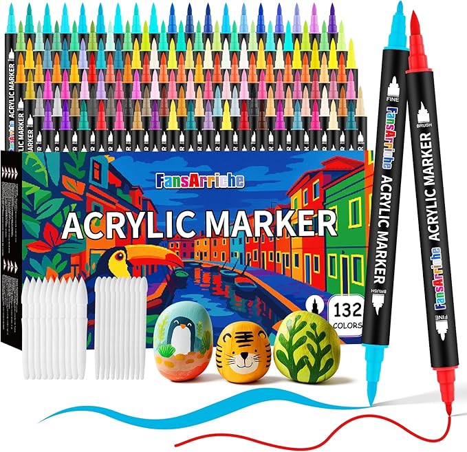 FansArriche 132 Colors Acrylic Paint Pens, Dual Tip Acrylic Paint Marker Set with Fine Tip and Brush Tip, Fabric Markers Permanent for Clothes, Wood, Stone, Canvas, Rock, DIY Art Supplies Kit