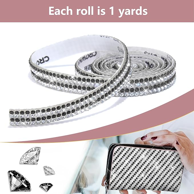 4 Rolls Rhinestone Tape Self Adhesive Crystal Ribbon Diamond Bling Strips with 2 mm Glitter Sticker for Arts Crafts Wedding Birthday Party DIY Event Car Phone Decoration (Silver+Black)