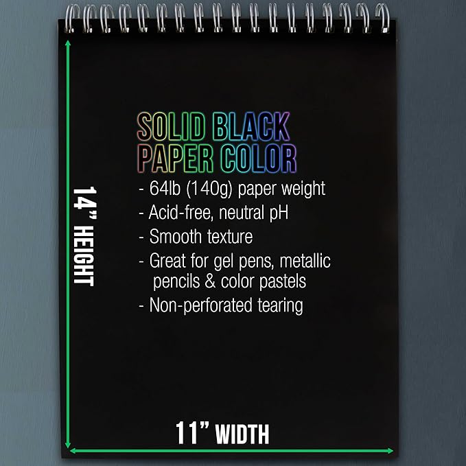 U.S. Art Supply 11x14 Premium Heavy-Weight Black Paper Sketchbook, 64lb (140gsm), 2 Pack, 30 Sheets, Spiral Bound, Black Paper Notebook for Colored Pencil, Markers, Oil Pastels, Chalk, Charcoal