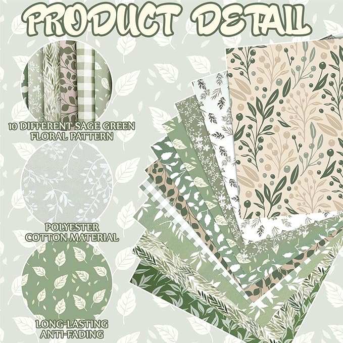 Hahafelt 10 Pcs Sage Green Quilting Fabric Bundle 20 x 20 Inch Vintage Green Floral Quarter Fat Square Fabric by The Yard Precuts Patchwork for Spring Baby Shower DIY Sewing Craft Supplies