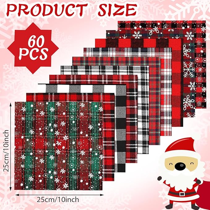 Fanfanwin 60 Pcs 10 x 10 Inch Vintage Christmas Quilting Fabric Retro Plaid Homespun Cotton Buffalo Fabric Jelly Squares Lattice Rustic Snowflake Quilting Strips for Xmas Craft Sewing DIY