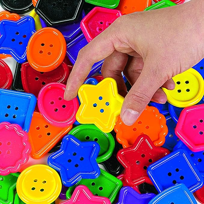 Fun Express Jumbo Buttons for Crafts Bulk Set - 94 Extra Large Plastic 8 Vivid Colors & Shapes | 2 Inch Big Buttons for Kids Classroom Activities, Sorting Games & DIY Art Projects