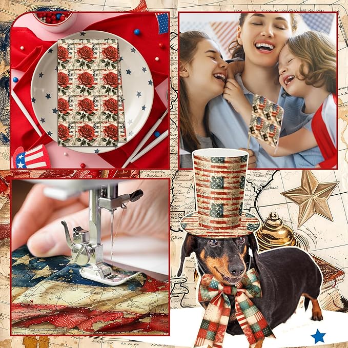 Ganeen 60 Pcs 10 x 10 Inch Vintage Patriotic Quilting Fabric Squares American Flag Fabric Bundle Retro 4th of July Fat Patchwork Precut Stripes for Memorial Day Handmade Material Sewing DIY Crafts