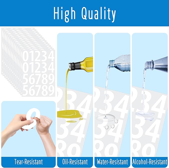 300 PCS Number Stickers, 3" Waterproof Vinyl Stickers Self-Adhesive Consecutive Number 0-9 Labels Without Residue Left for Office, Classroom, Indoor, Boxes, Storage (15 Sheets, White)