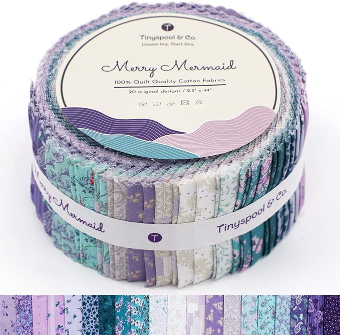 Tinyspool & Co. Quilting Bundle – Merry Mermaid Jelly Roll + 3-Yard Fabric for Each Print: No.19 – Lavender Rose, No.15 – Jade Flora, No.10 – Mint White