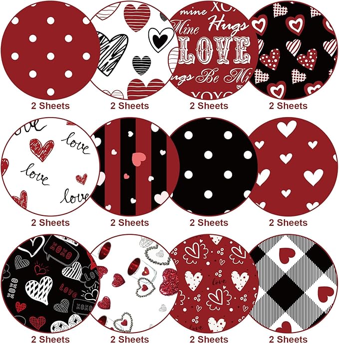 Valentines Pattern Paper Double Sided Valentine Decorative Scrapbook Craft Paper,Love Heart Red Black Cardstock for Valentines Craft Supplies Card Making Scrapbook(12 Design,24 Sheet,11 x 11 Inch)