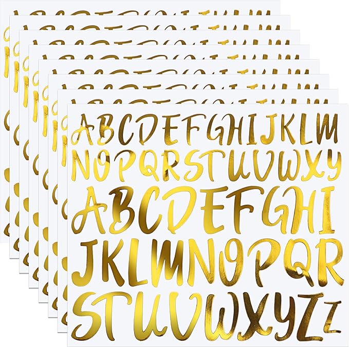 TaoBary 416 Pcs Gold Letter Stickers 8 Sheets Capital Alphabet Stickers 2 Size Vinyl Cursive Self-Adhesive Letter Decor for Gifts, Scrapbooking, DIY Craft, Water Bottle(1'', 1.5'')