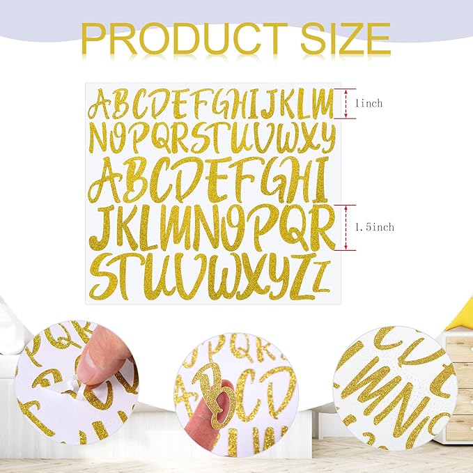 TaoBary 416 Pcs Christmas Letter Stickers 8 Sheets Alphabet Stickers 2 Size Vinyl Cursive Self-adhesive Letter Personalized Decor for Scrapbooking Water Bottle Christmas Craft(1'', 1.5'',Glitter Gold)