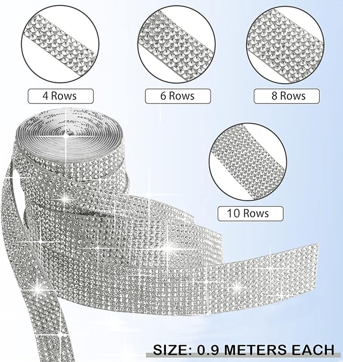 4 Rolls Self Adhesive Crystal Rhinestone Ribbon Diamond Bling Tape with 2 mm Rhinestones Strips Sticker for Arts Crafts Wedding Birthday Party DIY Event Car Phone Decoration (Silver)