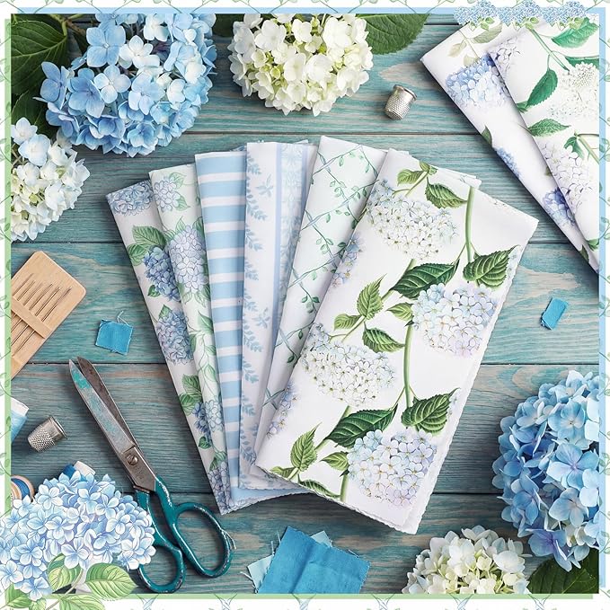 Hahafelt 10 Pcs Spring Hydrangea Quilting Fabric Bundles 20 x 20 Inch Dusty Blue Hydrangea Floral Squares Quarters Fat Fabric by The Yard Sewing Precut Patchwork for Spring Summer DIY Craft Decor