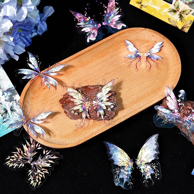 80-Piece Holographic Glitter Butterfly Art Stickers for Scrapbooking, Journaling, Resin Crafting – Waterproof Transparent Floral Fantasy Butterfly Decals