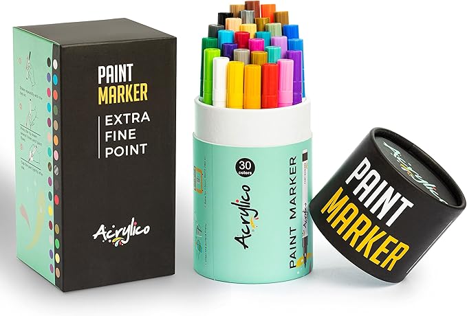 Acrylic Paint Markers Set of 30 Paint Pens – Fine Tip for Rock, Fabric, Wood, Ceramic, Glass & Canvas – Permanent Art Supplies for Kids & Adults