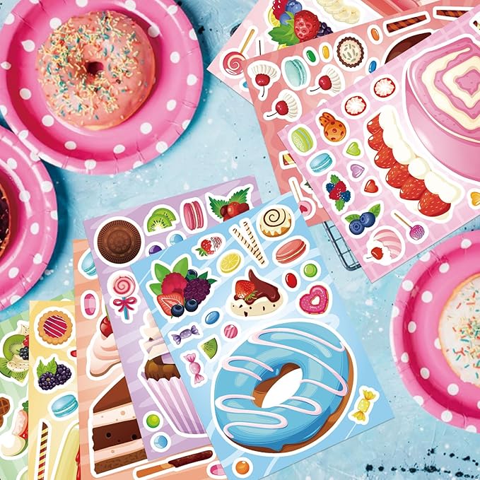 24 Sheets Make a Cake Sticker for Kids, Make Your Own Dessert Mix and Match Stickers with Cupcakes, Puddings, Swiss Rolls, Fruit & Sweets Stickers for Classroom Birthday Parties Supplies Crafts