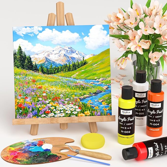 Nicpro 8 Primary Colors Acrylic Paint Set(4 oz, 120 ml), Rich Pigment, Non Toxic Craft Paint for Multi Surface Canvas Wood Rock Fabric, Art Painting Supplies for Beginner Artist Adult with Color Wheel