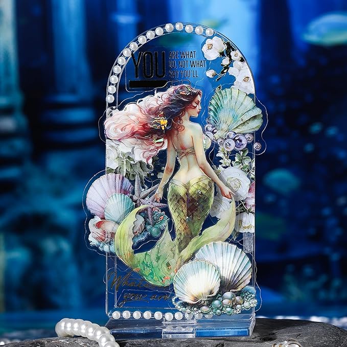 Yoksas Holographic Shiny Fantasy Mermaid Big Stickers - 30Pcs Waterproof Clear Glitter Aesthetic Fairy Tale Scrapbook Stickers for Junk Journals,Planner,Resin Art Supplies