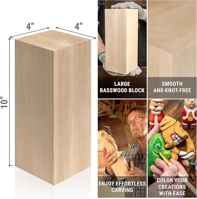 BeaverCraft Basswood Carving Blocks BW1 Large Wooden Block 10x4x4 Inches - Soft Whittling Wood - Basswood for Carving - Unfinished Wood for Crafts