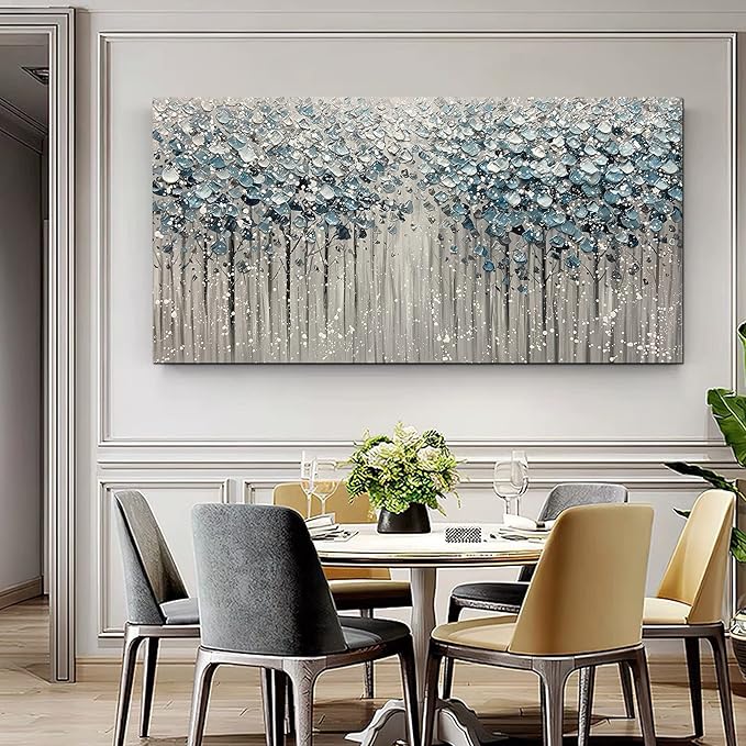 Yotree Paintings - 30x60 Inch 3D Oil Paintings on Canvas Blue Forest Heavy Texture Acrylic Painting Wall Art Wall Decoration Wood Inside Framed Hanging Ready to Hang