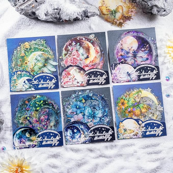 Yoksas 60Pcs Holographic Fantasy Butterfly Dragonfly Moon Stickers - Waterproof Nature Aesthetics Plants Insects Shiny Stickers for Scrapbooking,Junk Journals,Planner