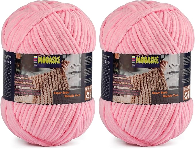 2 Skeins Fluffy Chenille Yarn for Crocheting - Baby Blanket Yarn for Knitting - Velvet Yarn for Amigurumi Crochet, Ultra Soft Yarns Total Weight 400g/14oz, Total Length 480m/524yard