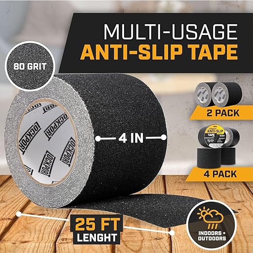 Lockport Anti Slip Tape - Heavy Duty Black Grip Tape for Stairs, 4” x 50ft for Stair Treads Non Slip Outdoor/Indoor - Traction for Ramps and Steps