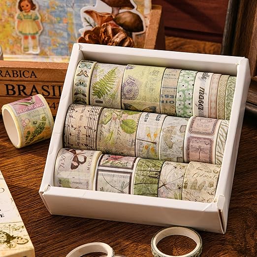20 Rolls Vintage Washi Tape Set Retro Arts Adhesive Tapes Fleeting Monologue Decorative Masking Tape Sets for Craft, Kids, Scrapbook, DIY, Gift Wrapping (Tracks in The Jungle)