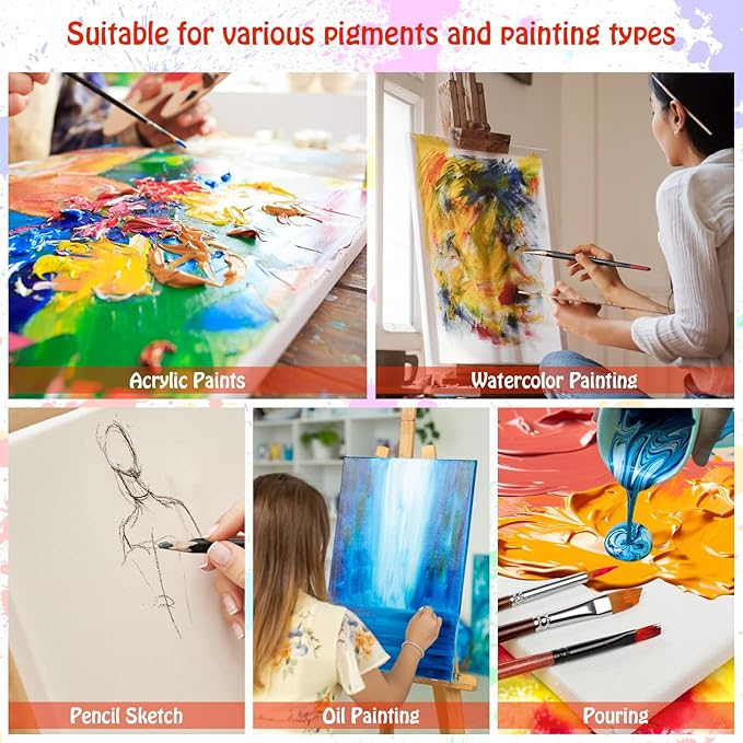 Stretched Canvas - 5x7, 8x10, 9x12, 11x14 (3 of Each) Total 12 Canvas Pack - 100% Cotton Blank Canvases for Oils Acrylics and Pouring