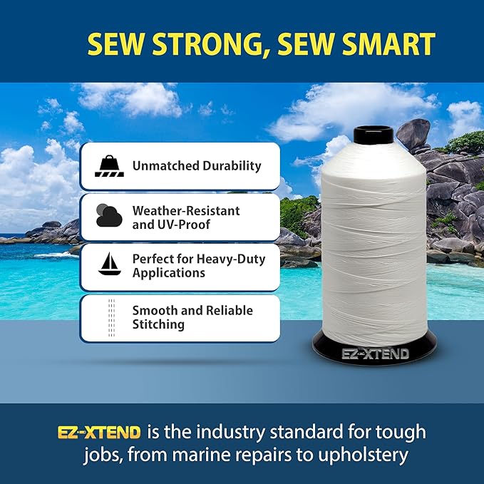 EZ-Xtend #138 Bonded Polyester Thread 100% American Made for Outdoor and Marine Fabric Sewing Applications, Awnings, Tarps, Canvas. for Heavy Duty and Industrial Sewing Machines (White, 8 oz)