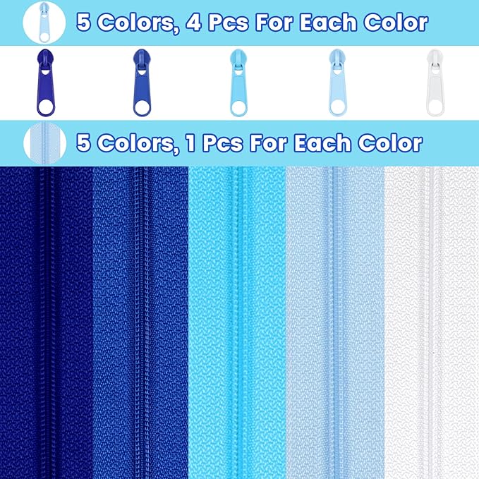 DOITEM 15.3 Yards/ 14 m 5 Pieces Assorted Colors #3 Nylon Coil Zippers, Sewing Zippers Endless Zips with 20 Pieces Zipper Sliders Zip Heads for DIY Sewing Tailor Craft Supplies (Blue White)