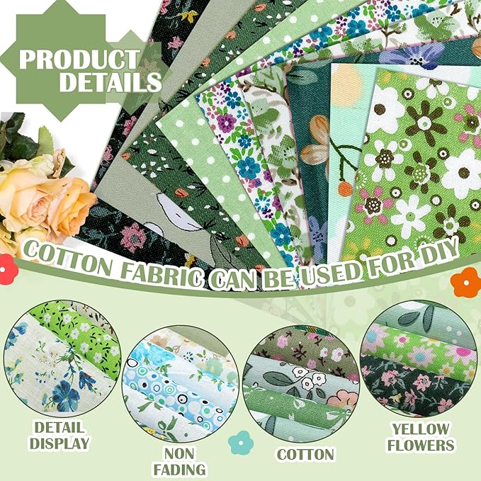 Kinlop 600 Pcs 4 x 4 Inch Cotton Fabric Square Precut Quilting Squares Printed Floral Patchwork Fabric Bundles for DIY Craft Sewing Clothing Accessory(Green)