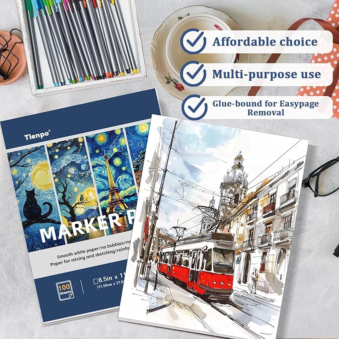 Tlenpo 8.5" x 11" Marker Paper Pad, 100 Sheets Marker Sketchbook Bleedproof, 120gsm/73lb Art Sketch Pad Paper, Painting Coloring Alcohol Marker Paper for Beginners, Artists, Kids