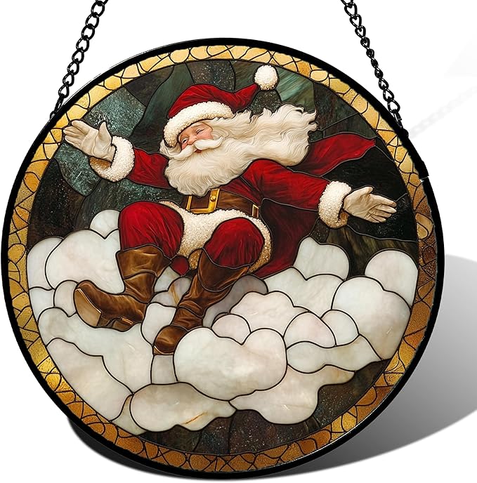 Stained Glass Window Hanging - Red White Santa Claus Clouds Suncatcher for Doors Home Christmas Decoration Sun Catcher Thanksgiving New Year Birthday Gifts for Friend Women Men Mom Nana 11.8 in
